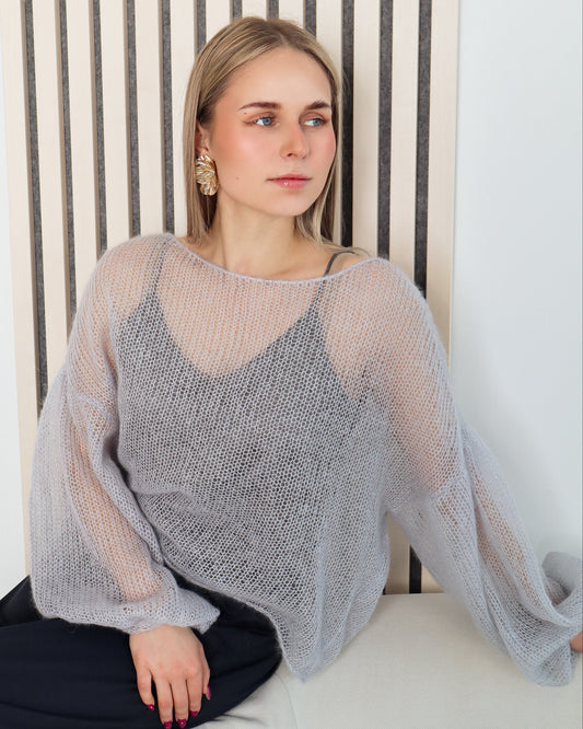 Light grey open-knit mohair and silk sweater with balloon sleeves