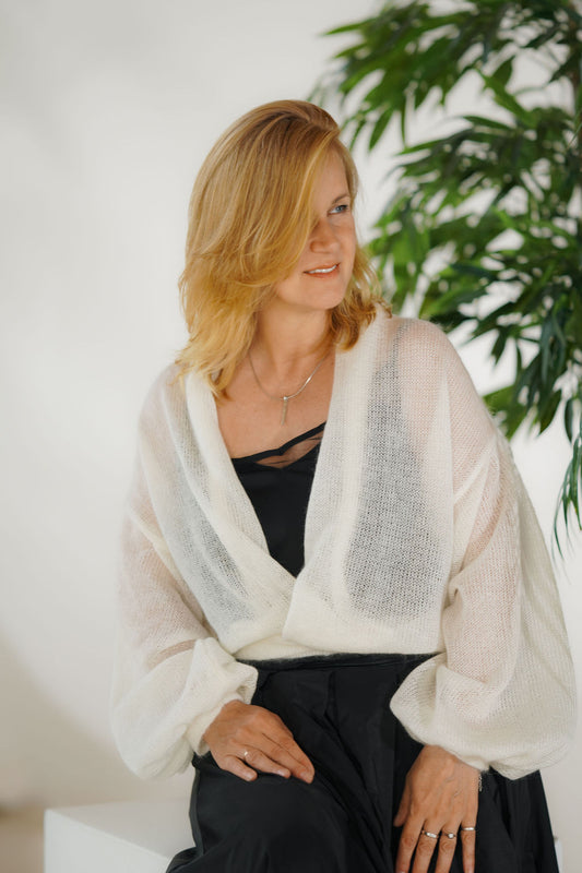 Women’s short white mohair cardigan