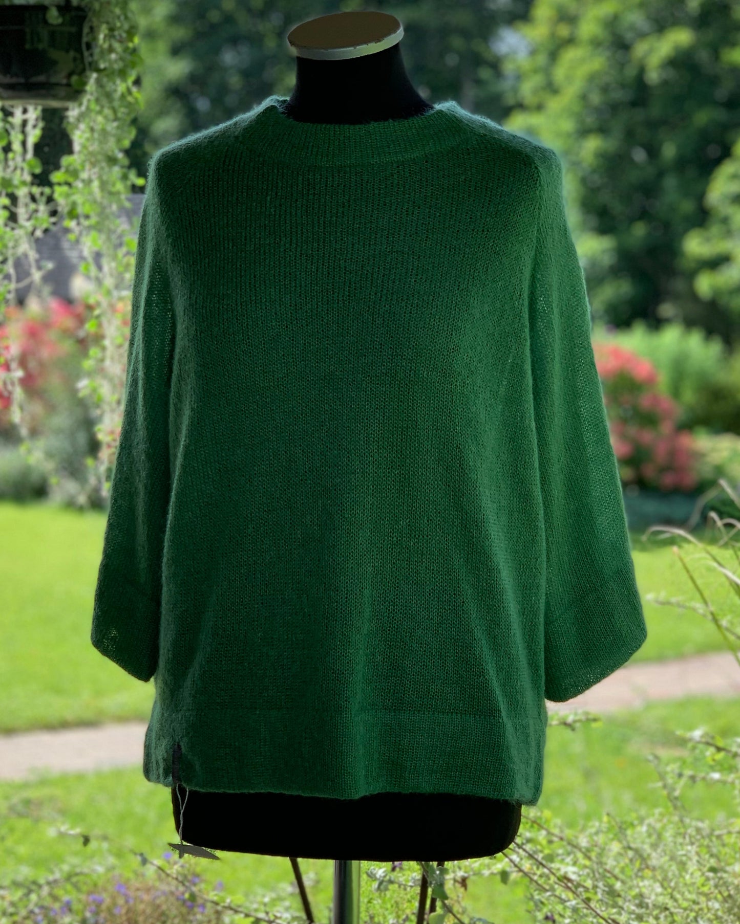 Kid Mohair & Silk Raglan Sweater with 3/4 Sleeves and Double-Hem Finish