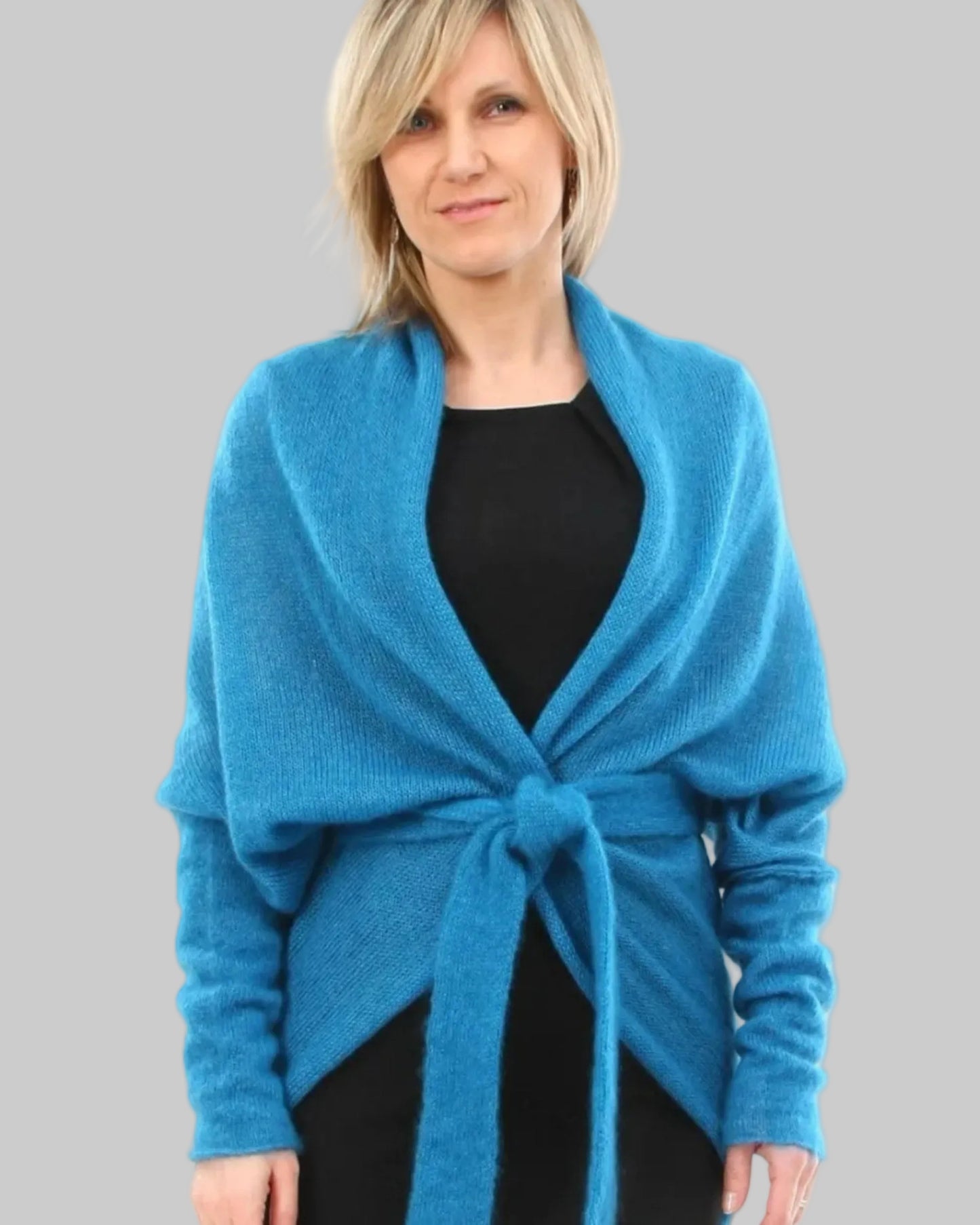 Blue breathable kid mohair & silk round cardigan with belt