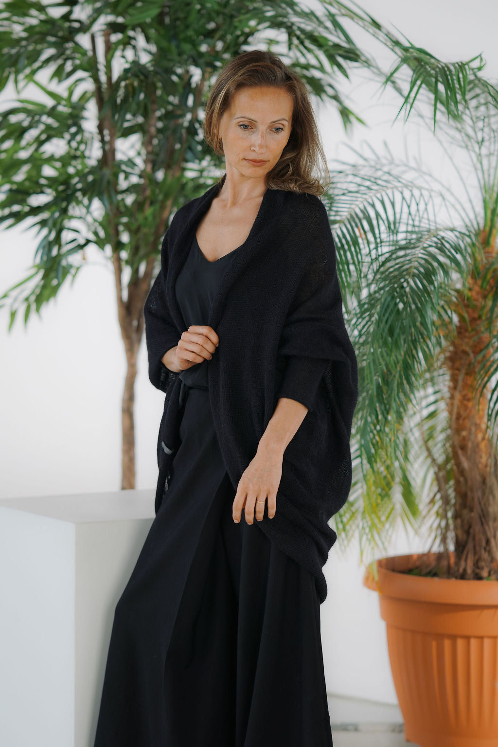 Handmade kid mohair and silk  round cardigan with belt