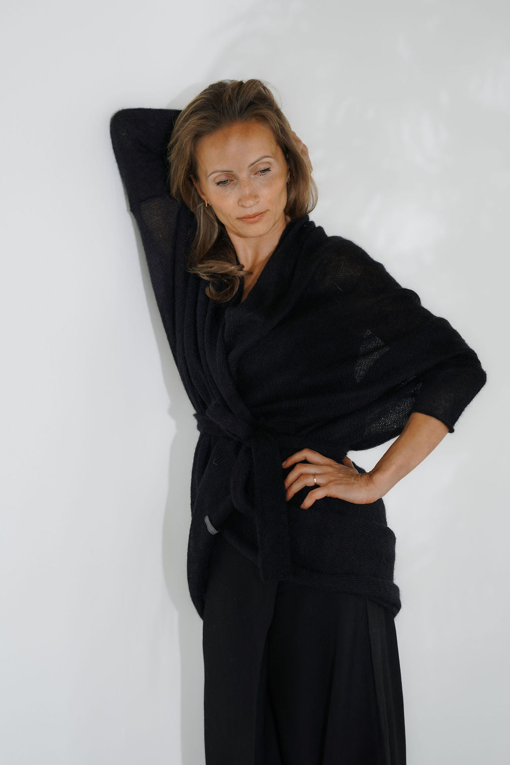 Women's black knitted mohair cardigan with belt