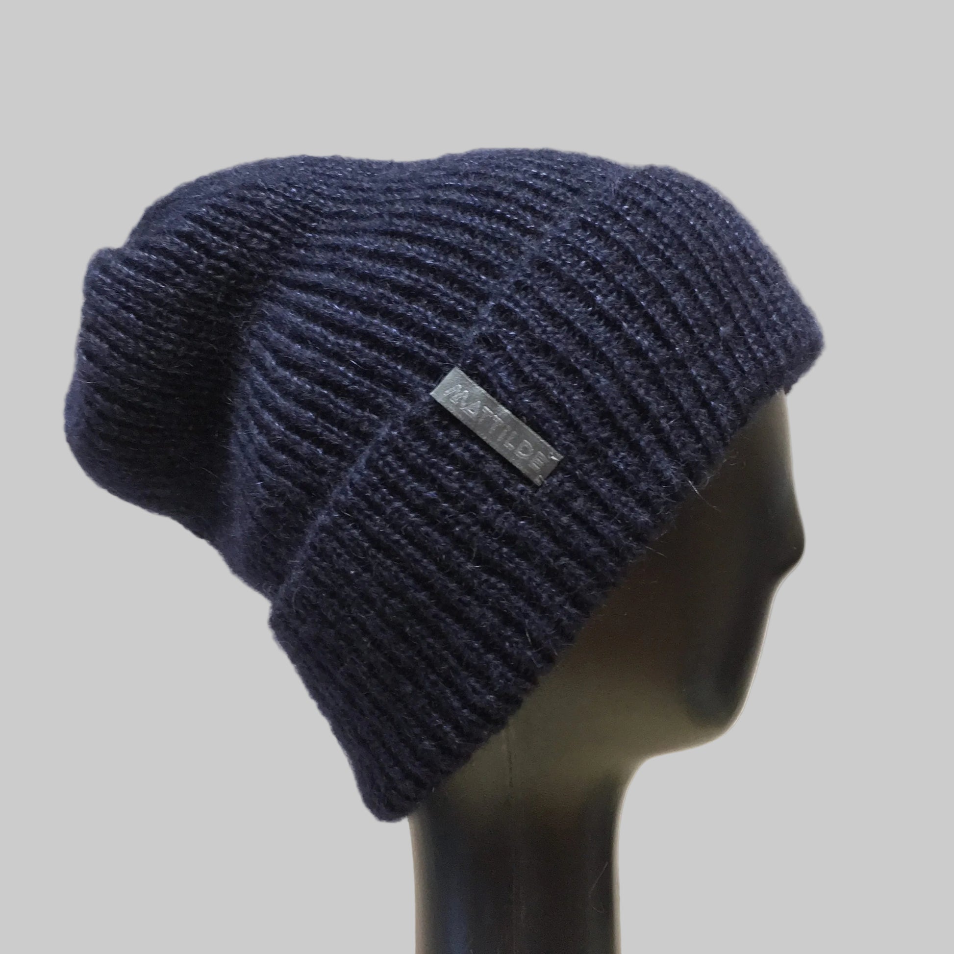 Dark blue kid mohair and silk ribbed winter beanie