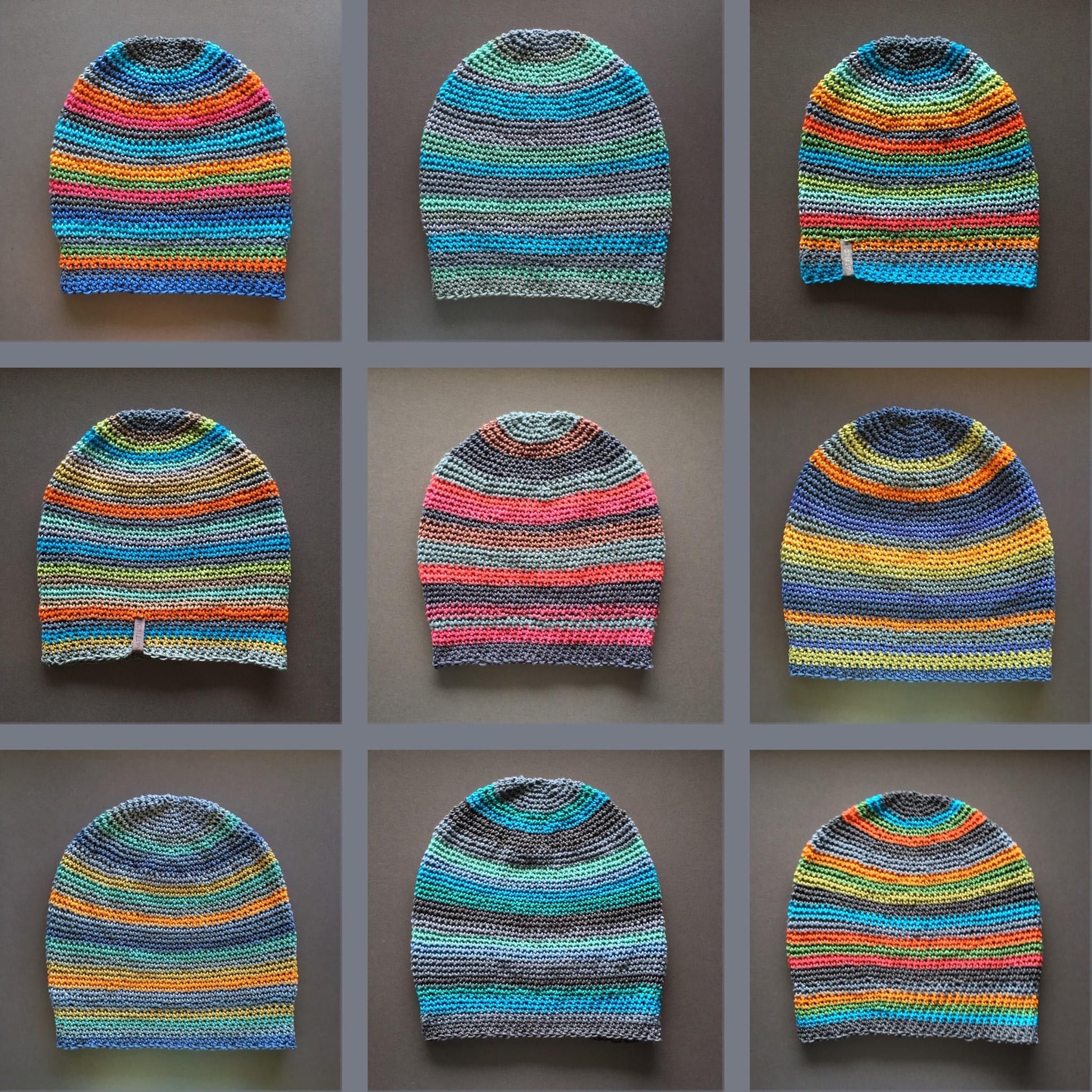 Colourful striped cotton summer beanies in hippie style