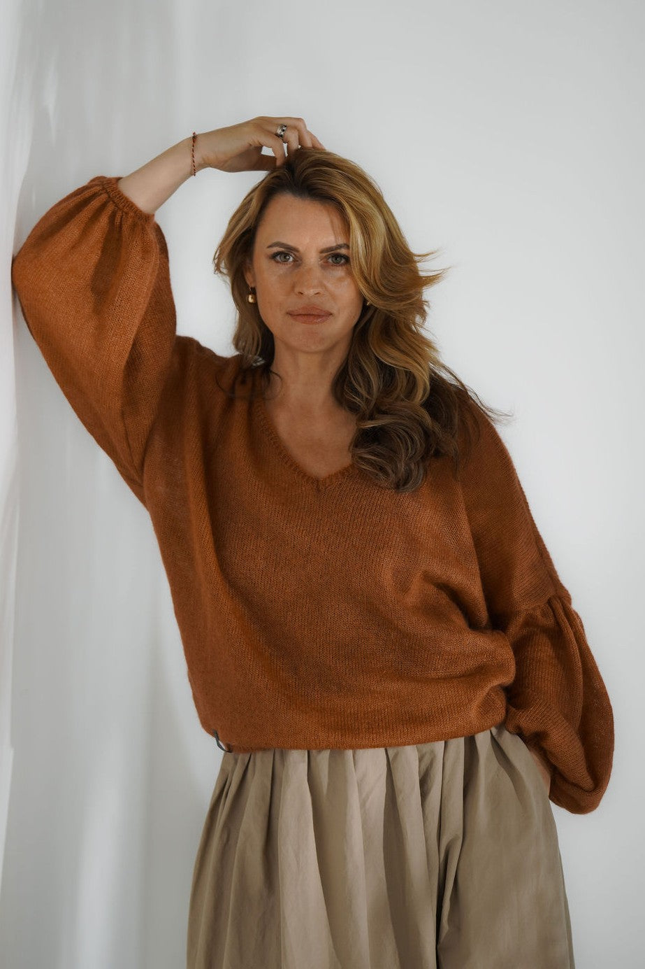 Warm brown women’s mohair V-neck sweater made from kid mohair and silk