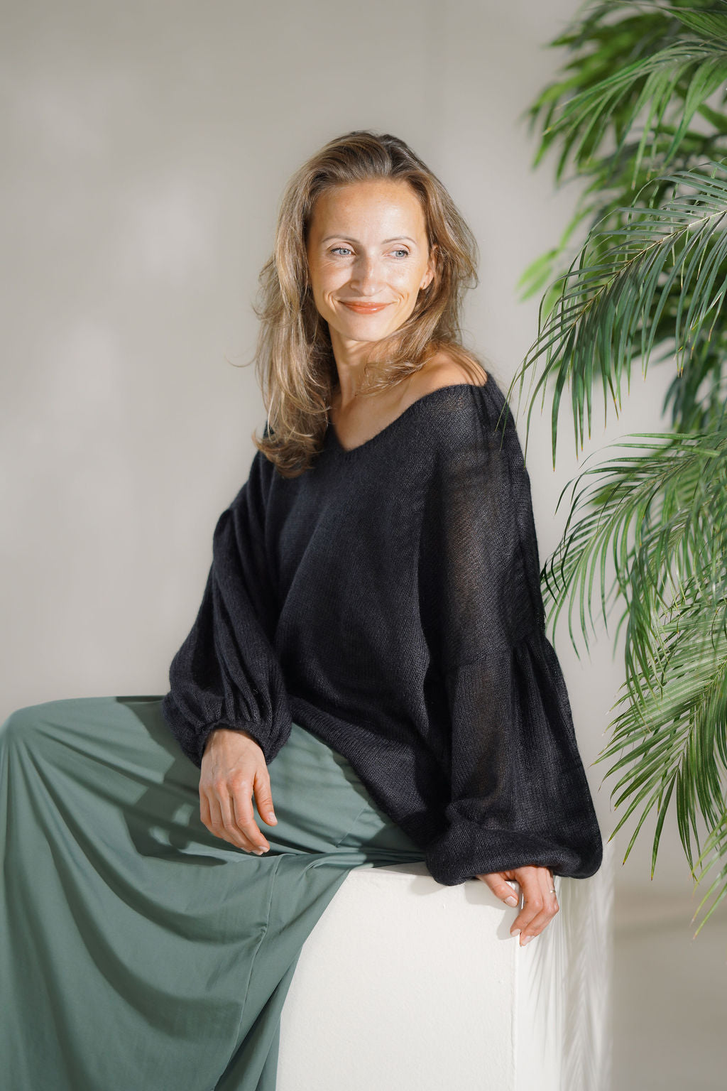 Women’s kid mohair and silk V-neck sweater with a relaxed flowing shape