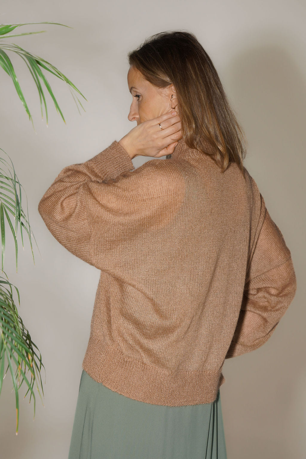 Knitted mohair turtleneck sweater, back view