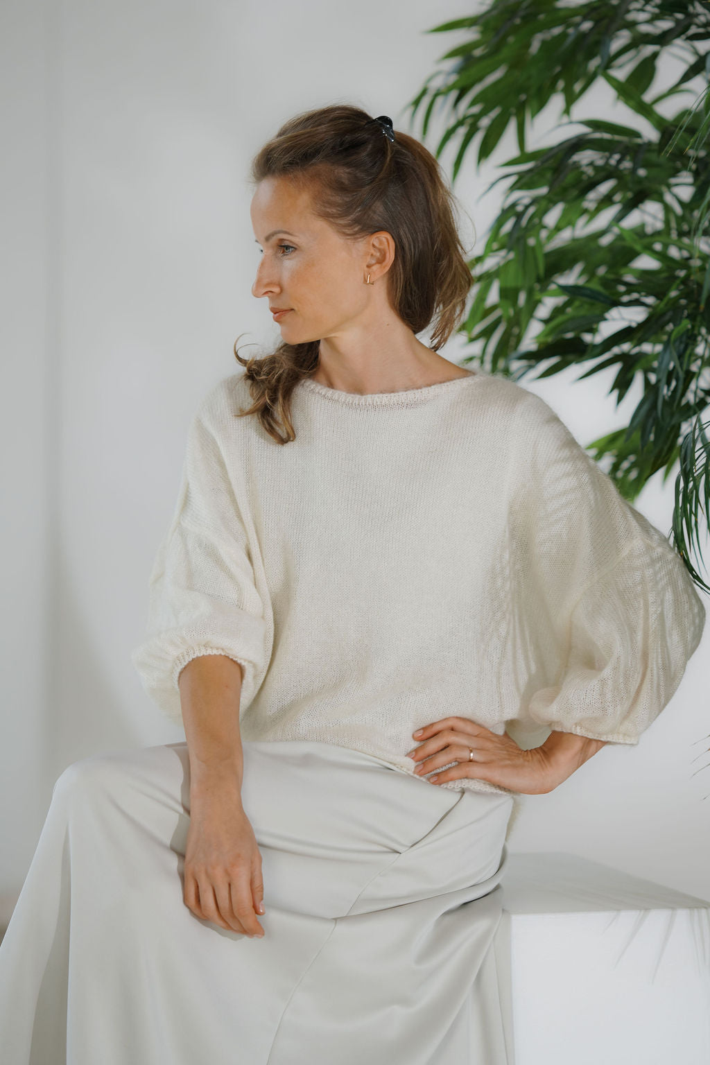 Lightweight mohair sweater with short puff sleeves