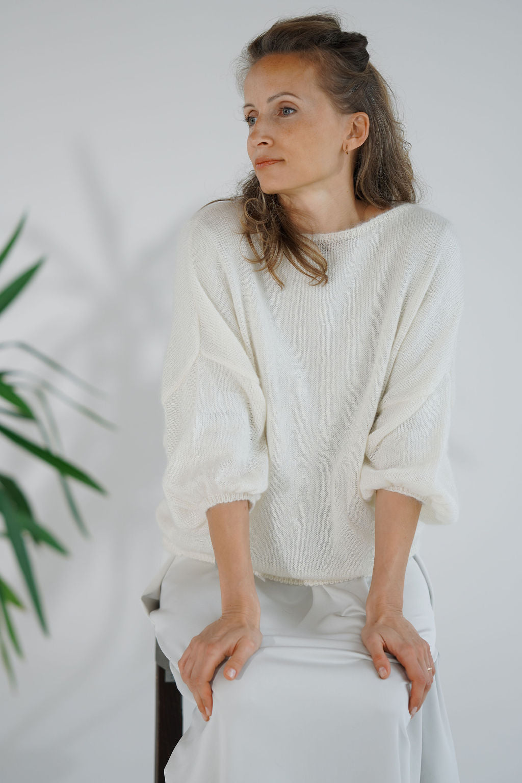 Knitted kid mohair sweater with a relaxed fit and short sleeves