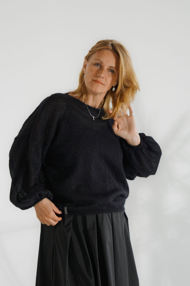 Black kid mohair and silk sweater with full sleeves
