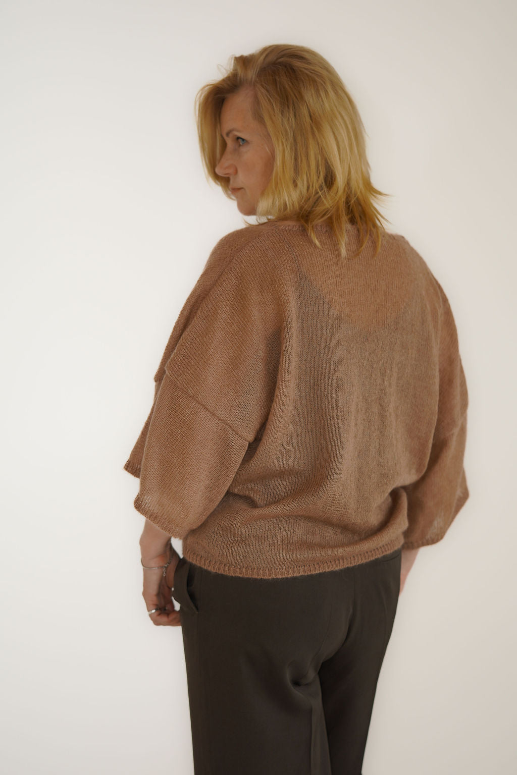 Kid mohair and silk sweater with wide sleeves, back view