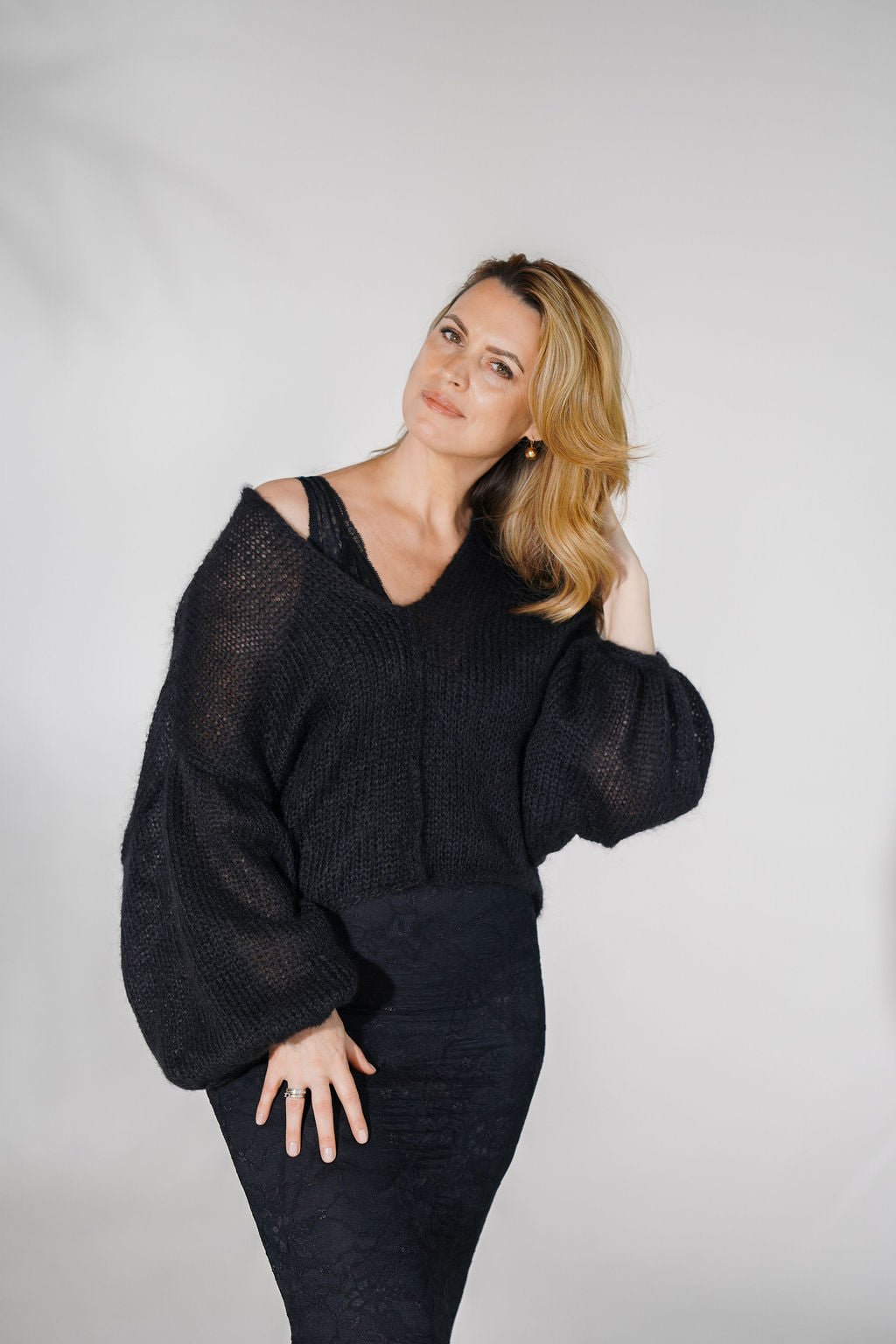 Black mohair sweater with decorative front seam