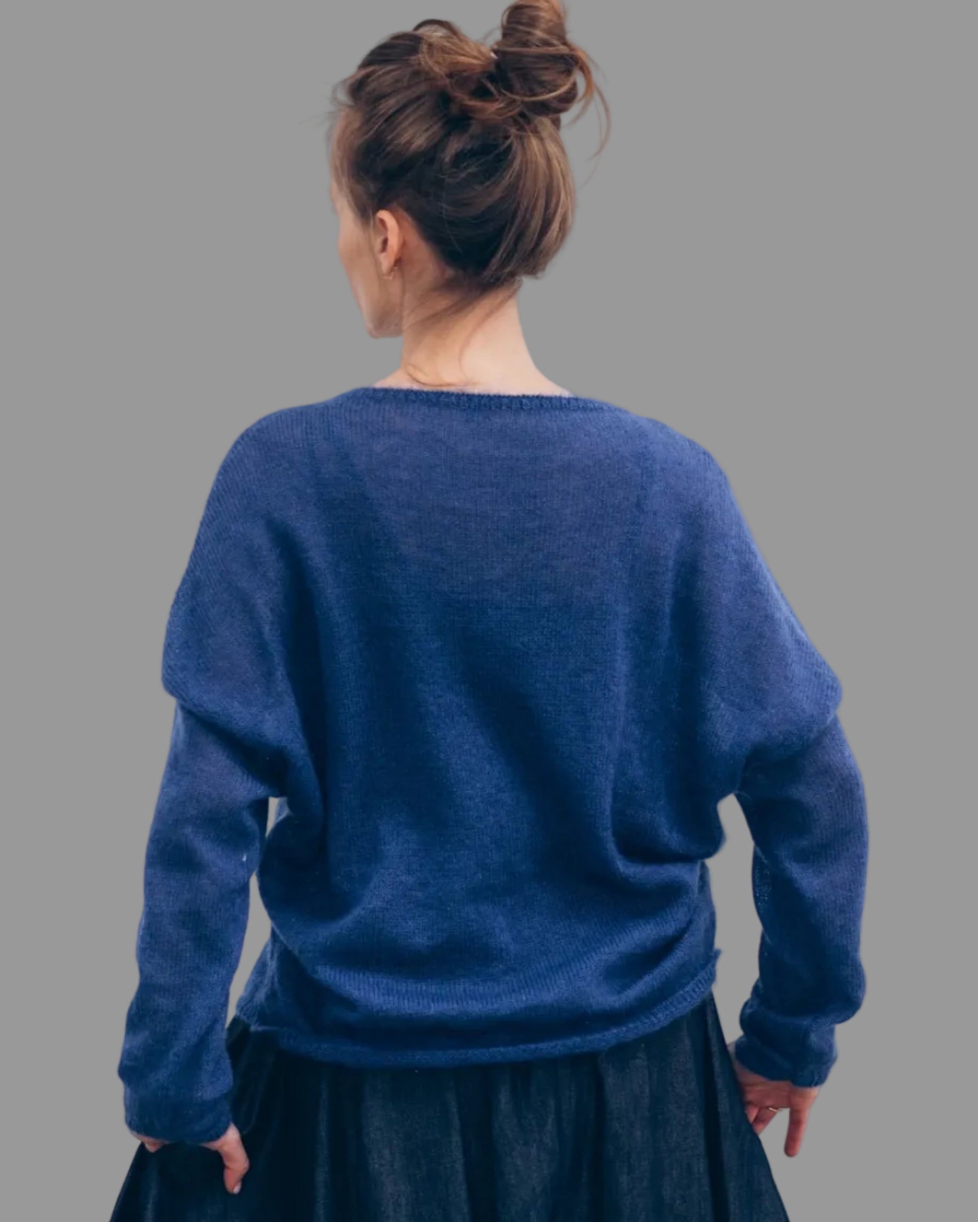 Blue mohair sweater, back view