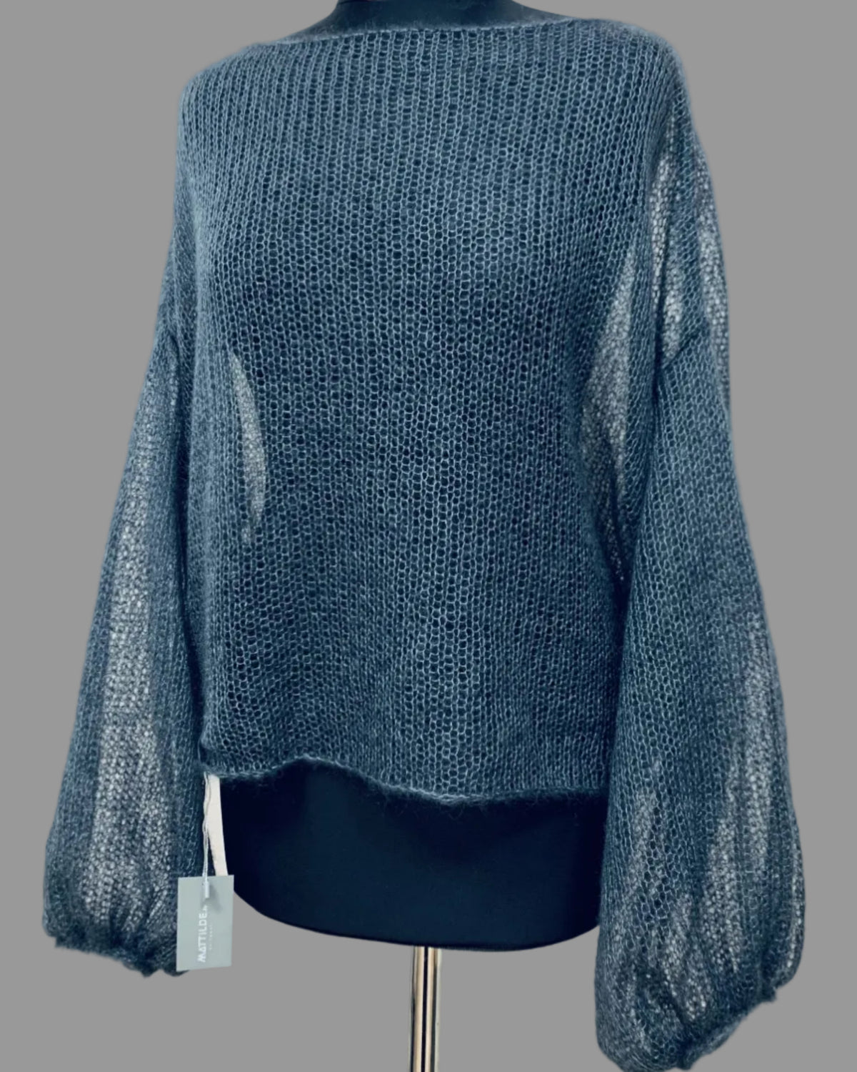 Blue knitted kid mohair sweater, back view