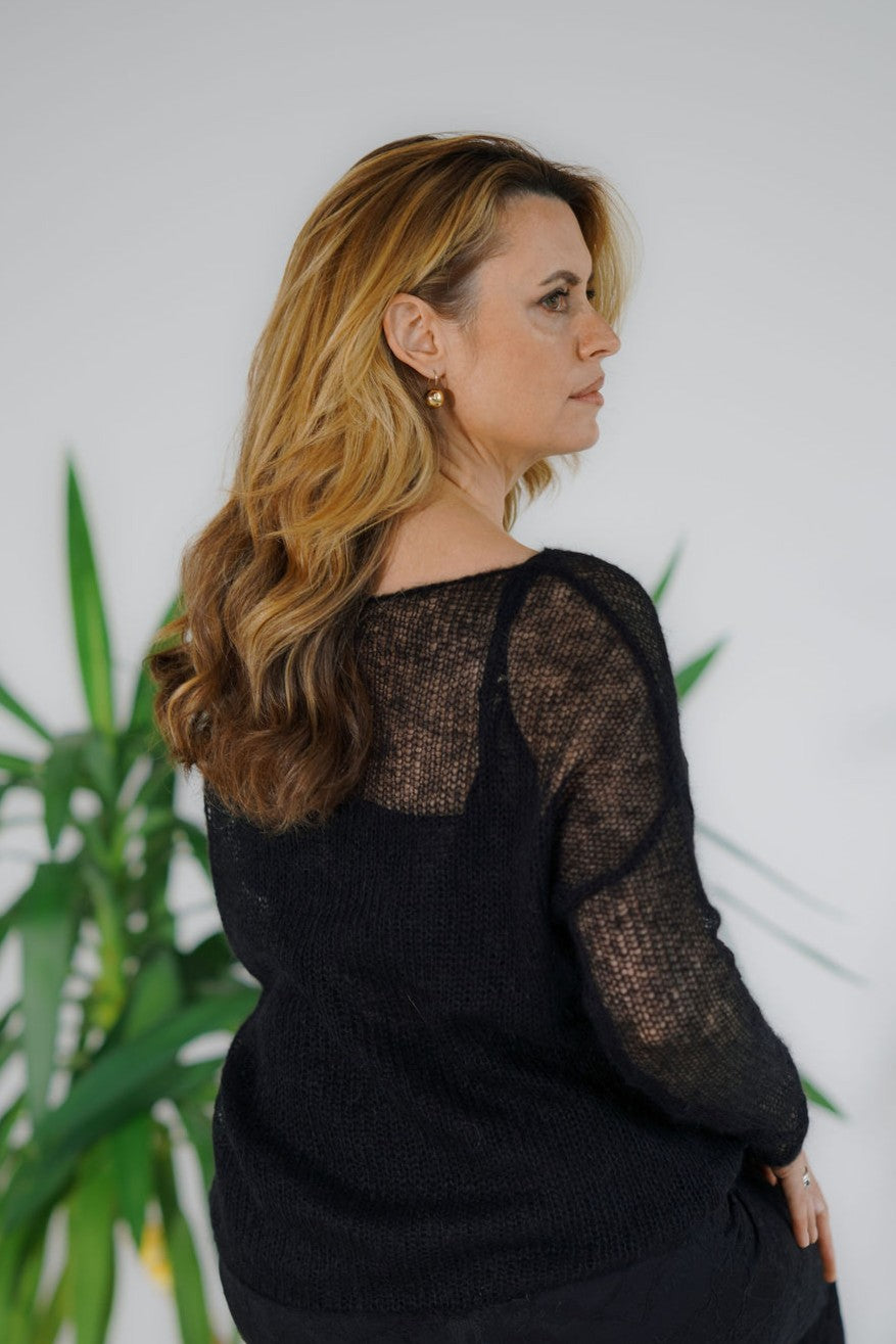 Handcrafted kid mohair and silk mesh sweater