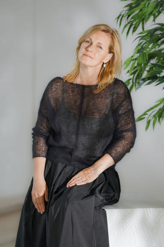 Women's black mesh kid mohair and silk slim-fit sweater with a decorative front seam