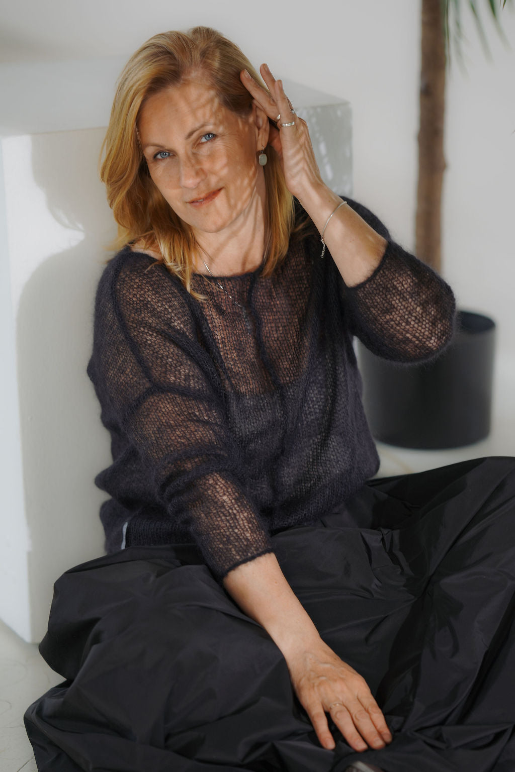 Handcrafted mesh kid mohair and silk sweater with long sleeves