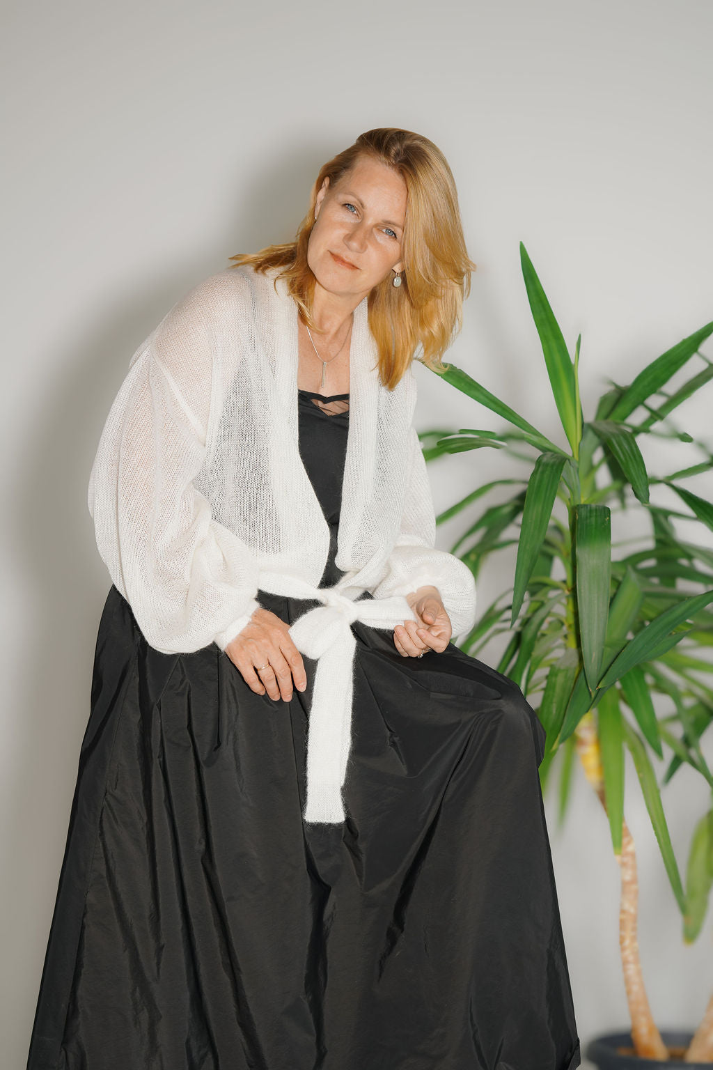 White wrap cardigan with balloon sleeves