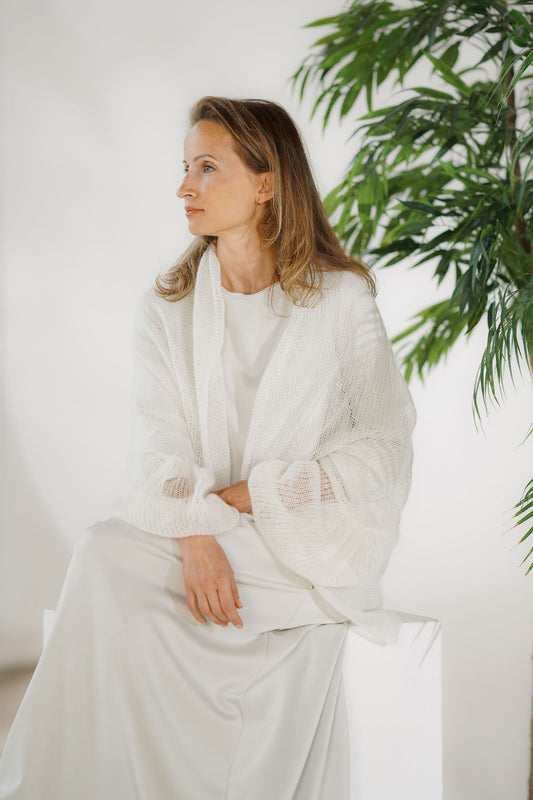 Women's white open-knit kid mohair and silk cardigan with puffy sleeves