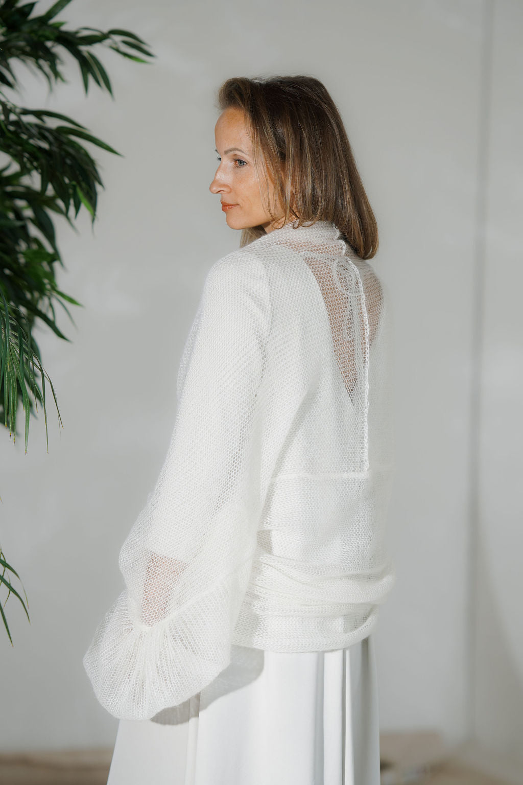 Lightweight open-knit mohair cardigan, side view