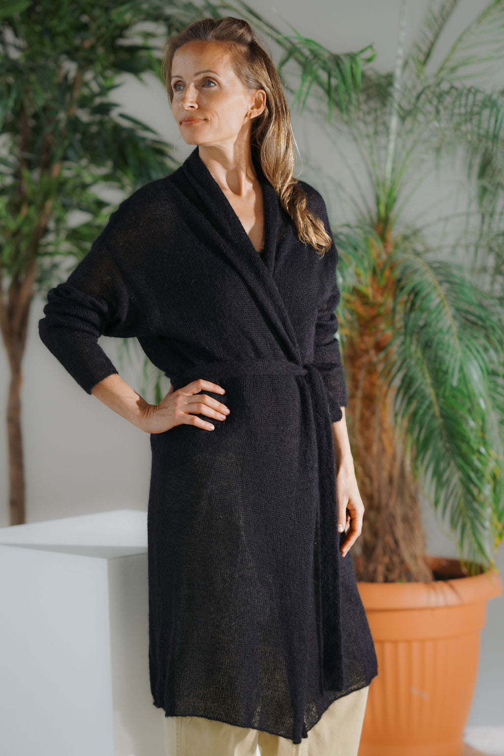 Black kid mohair and silk long cardigan with belt