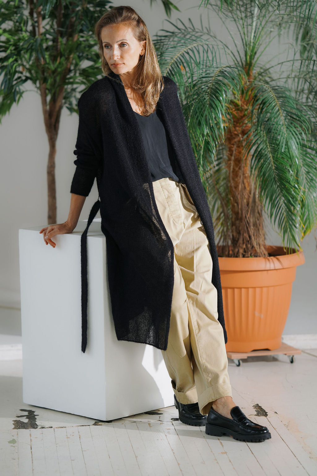 Women's black open-front mohair cardigan