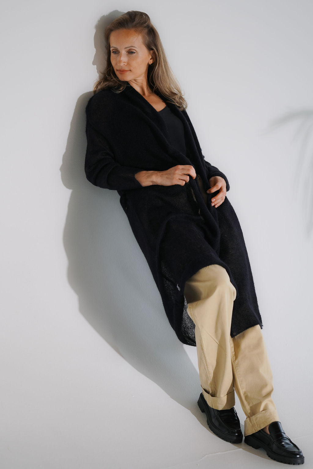 Women's black belted mohair cardigan