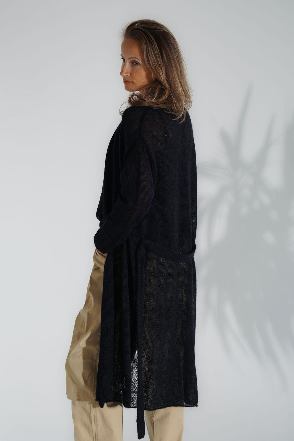 Black kid mohair long cardigan, side view