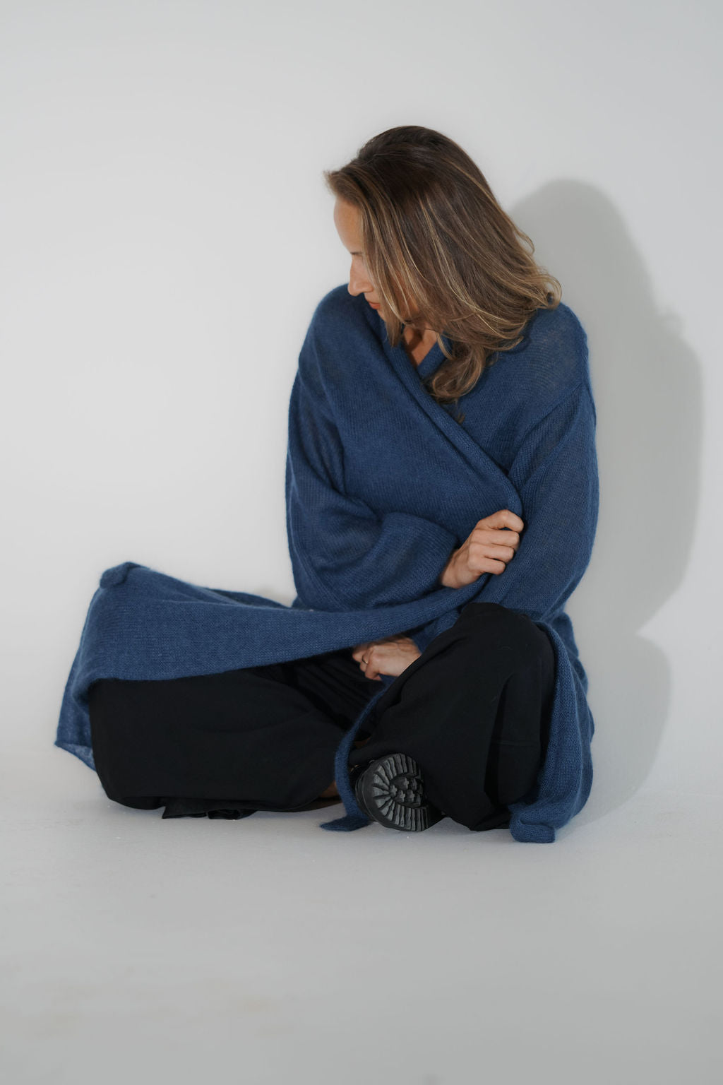 Women’s handcrafted mohair long cardigan wrapped around the body with a matching belt