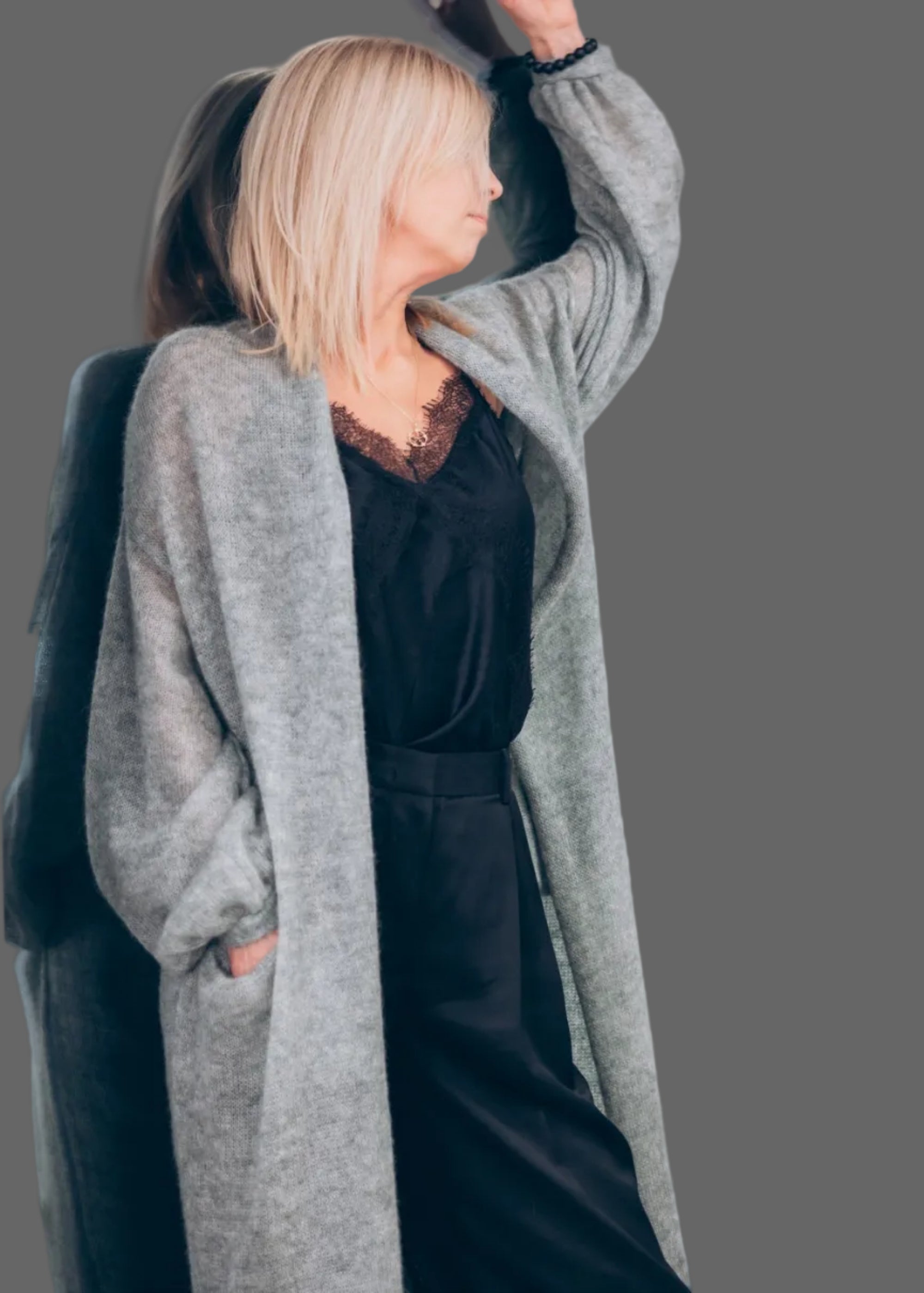Long Mohair Cardigan with Puff Sleeves & Pockets for Women