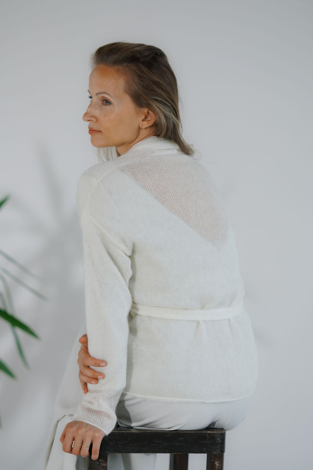 Short mohair cardigan with belt, back view