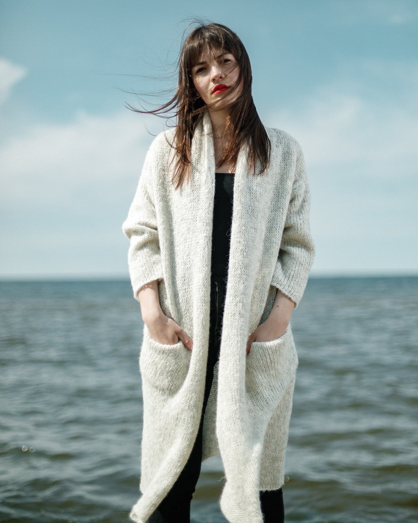 Handmade alpaca & merino wool long cardigan with pockets