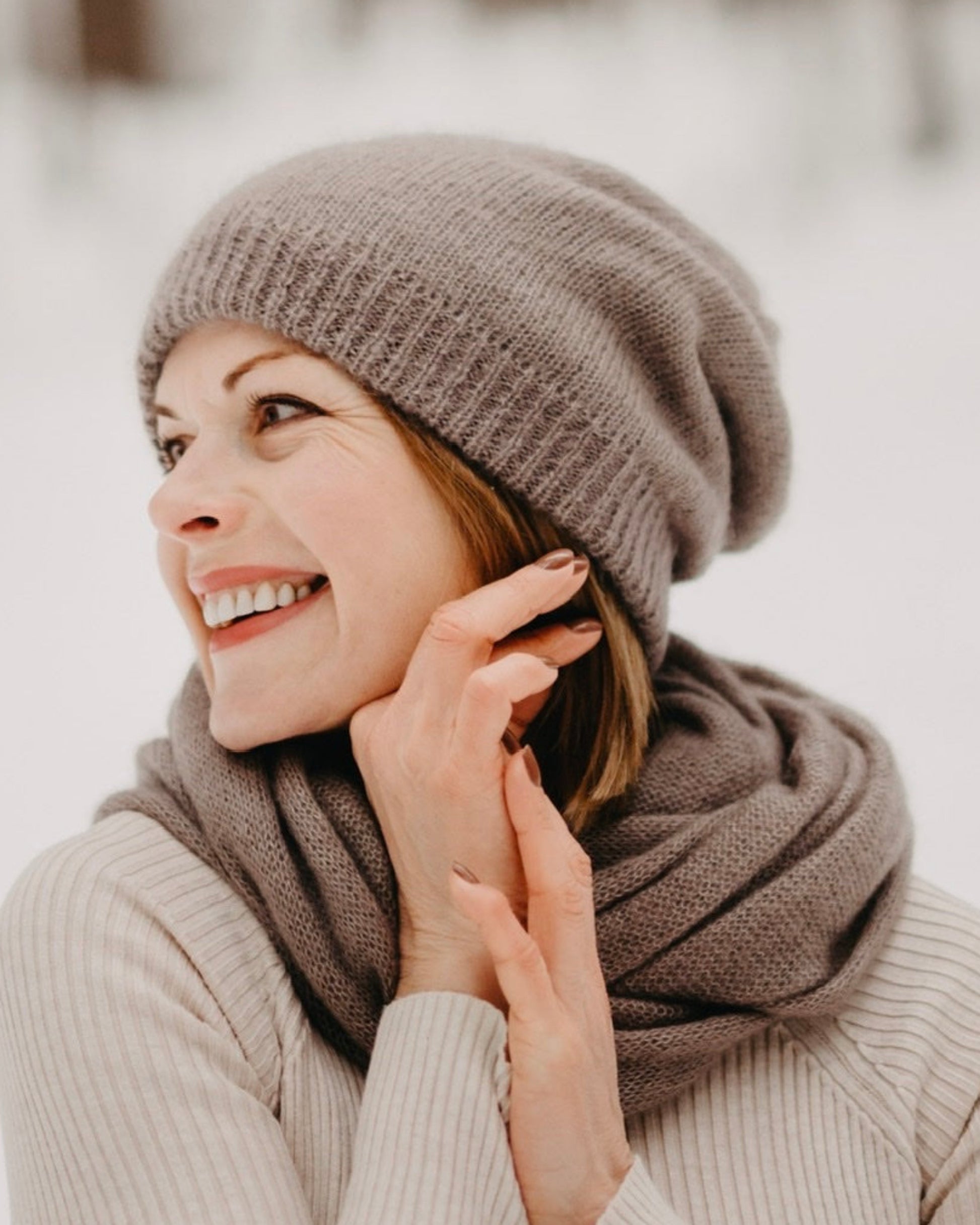 Brown soft warm kid mohair & silk beanie for women