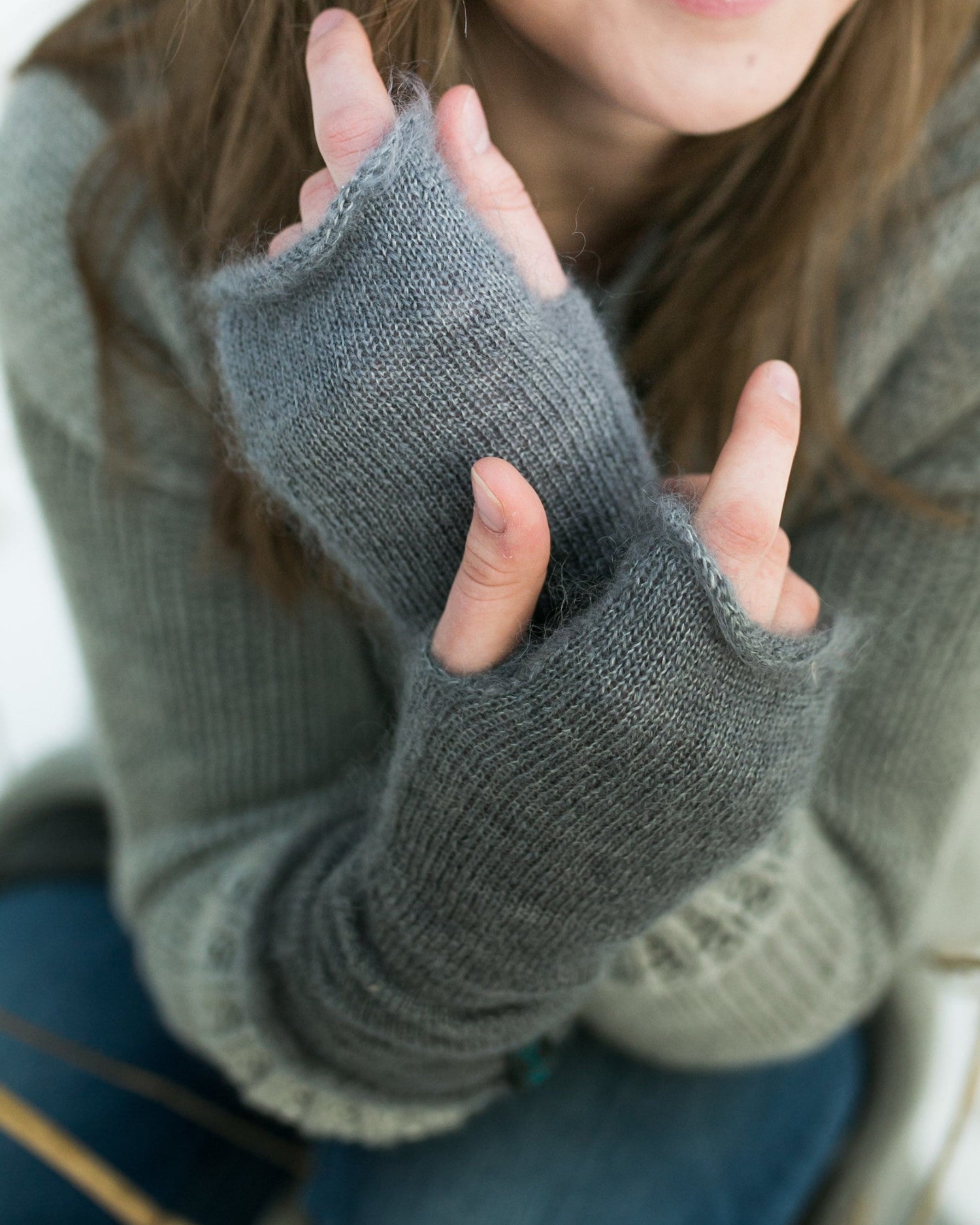 Grey handmade kid mohair & silk half gloves