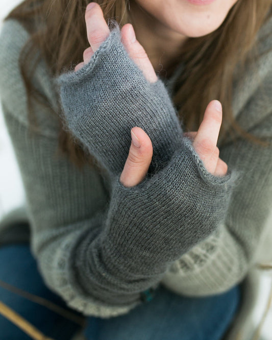Grey handmade kid mohair & silk half gloves