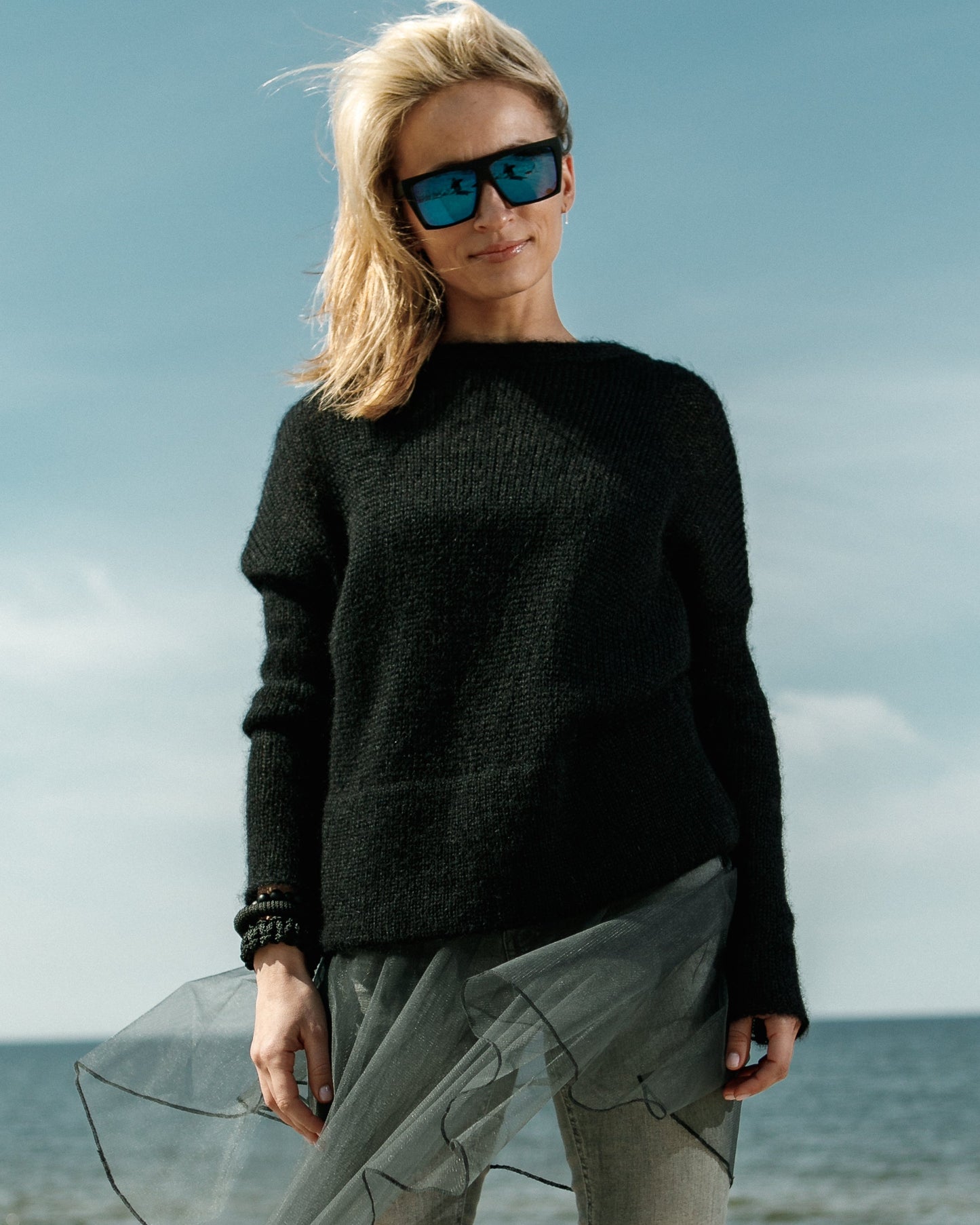 Kid Mohair & Silk Thick Sweater with Long Sleeves and Double-Hem Finish