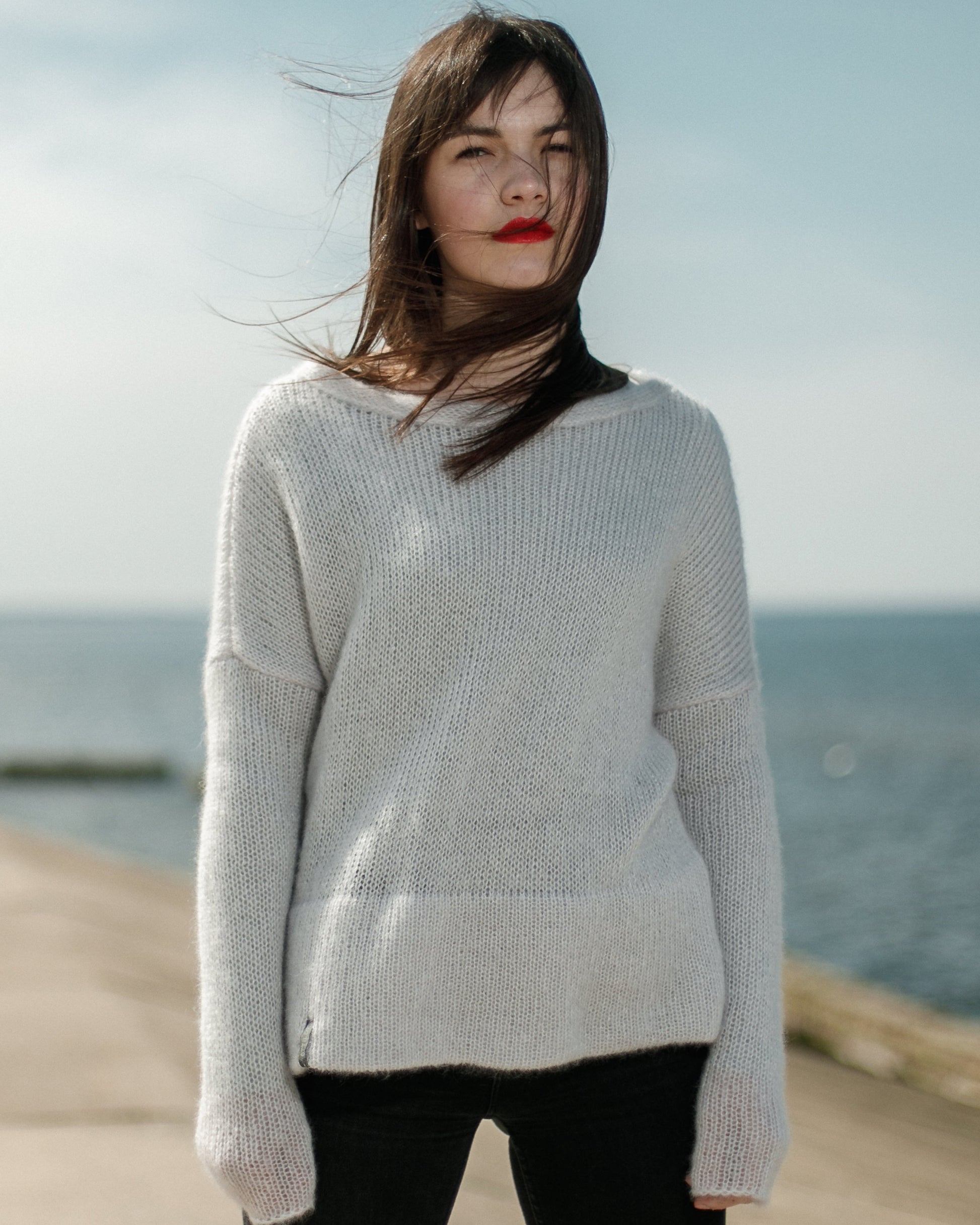 Handmade thick kid mohair & silk sweater with long sleeves