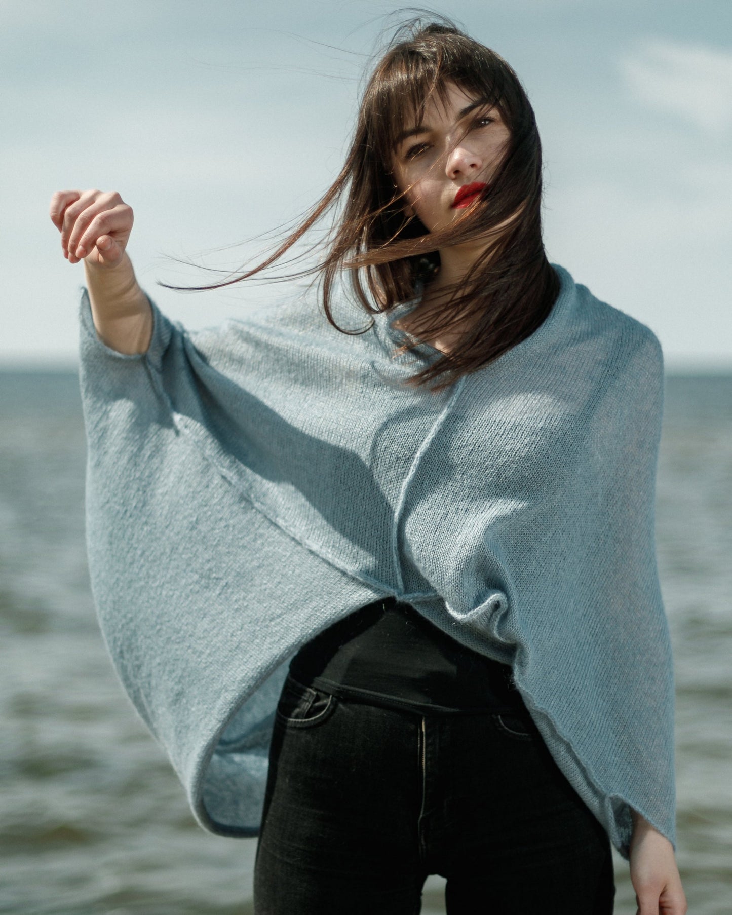 Light blue handcrafted kid mohair & silk envelope sweater