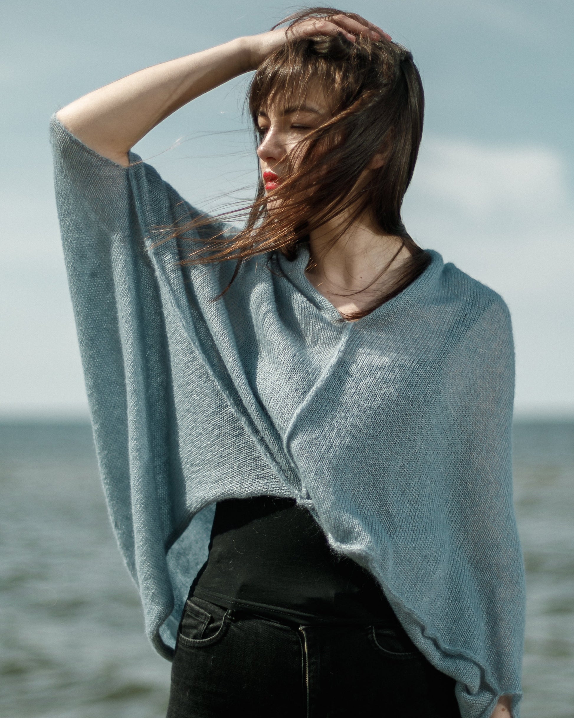 Blue soft lightweight kid mohair & silk knitwear for women