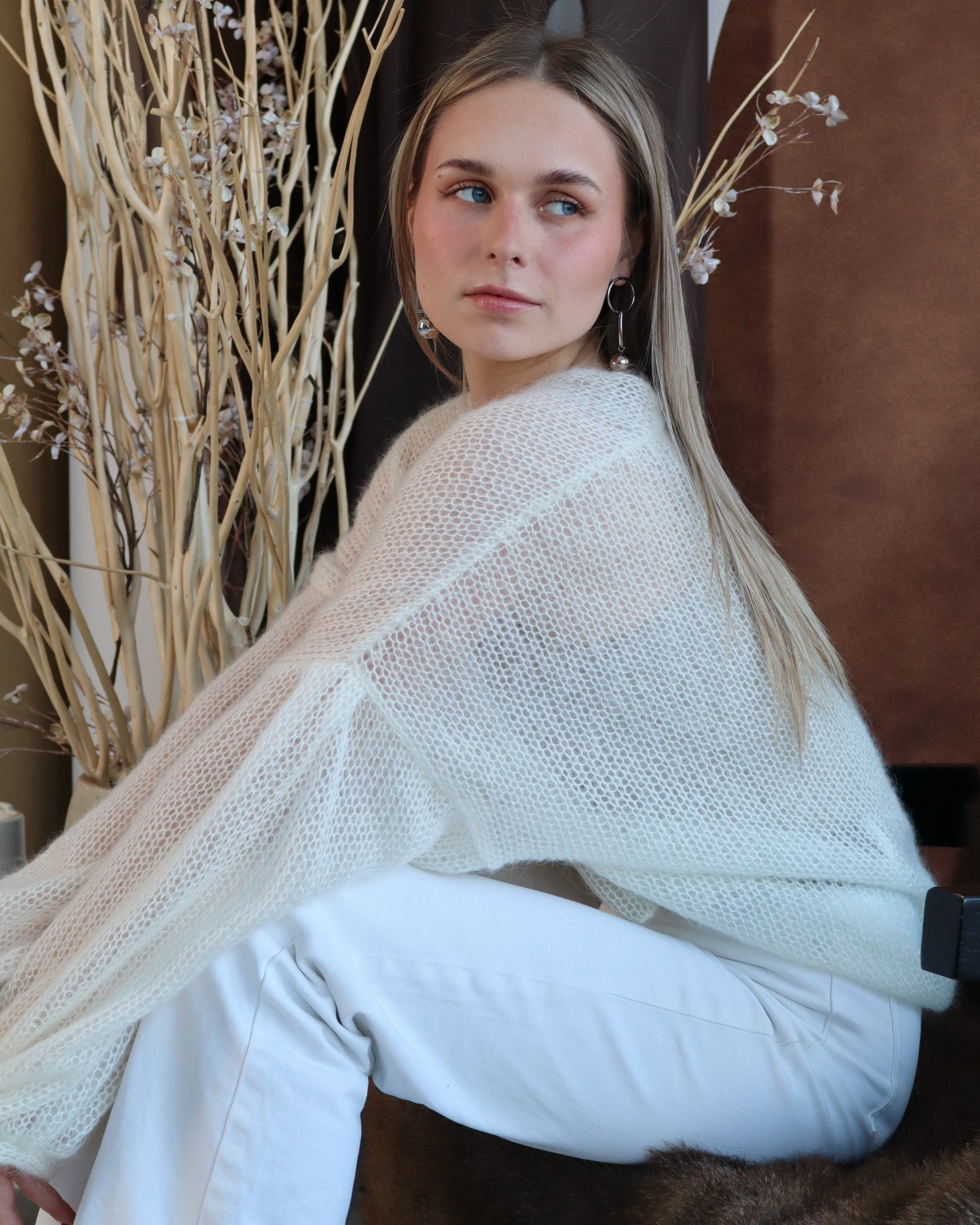 Warm breathable kid mohair & silk sweater with balloon sleeves