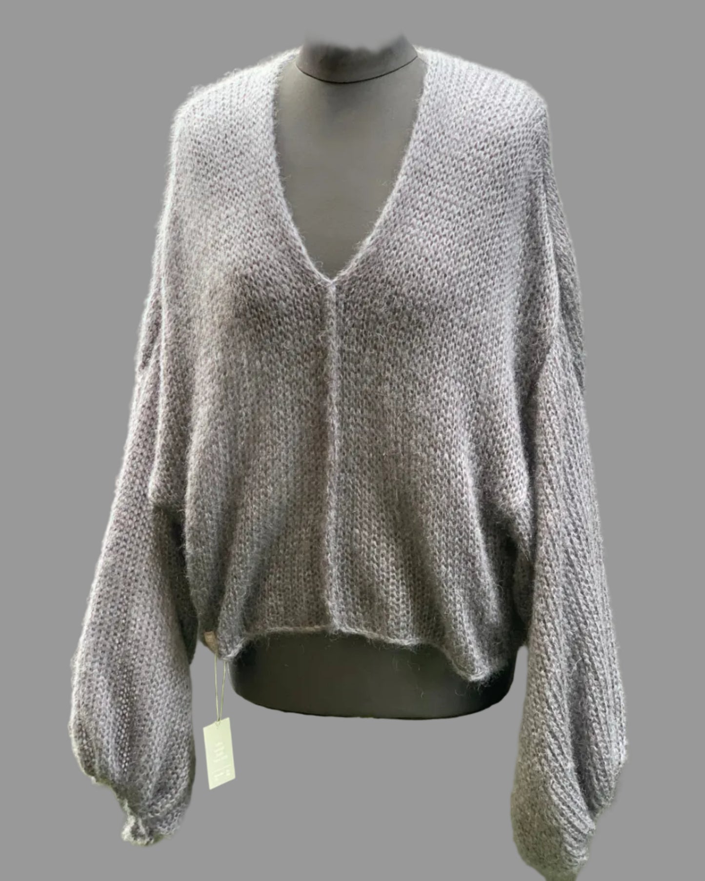 Kid Mohair & Silk Thick Sweater with Balloon Sleeves & Front Seam