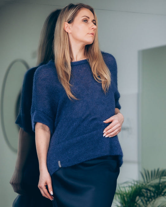 Blue soft warm kid mohair & silk sweater with double-hem finish