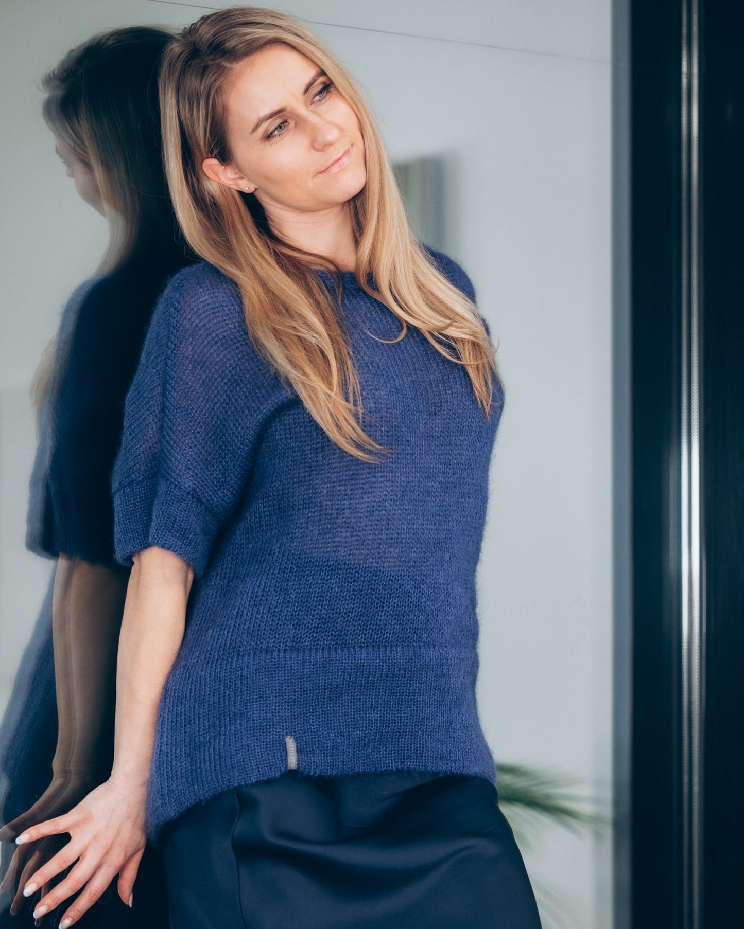 Blue handmade thick kid mohair & silk sweater with short sleeves