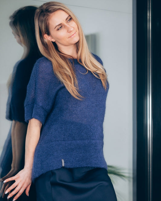 Blue handmade thick kid mohair & silk sweater with short sleeves