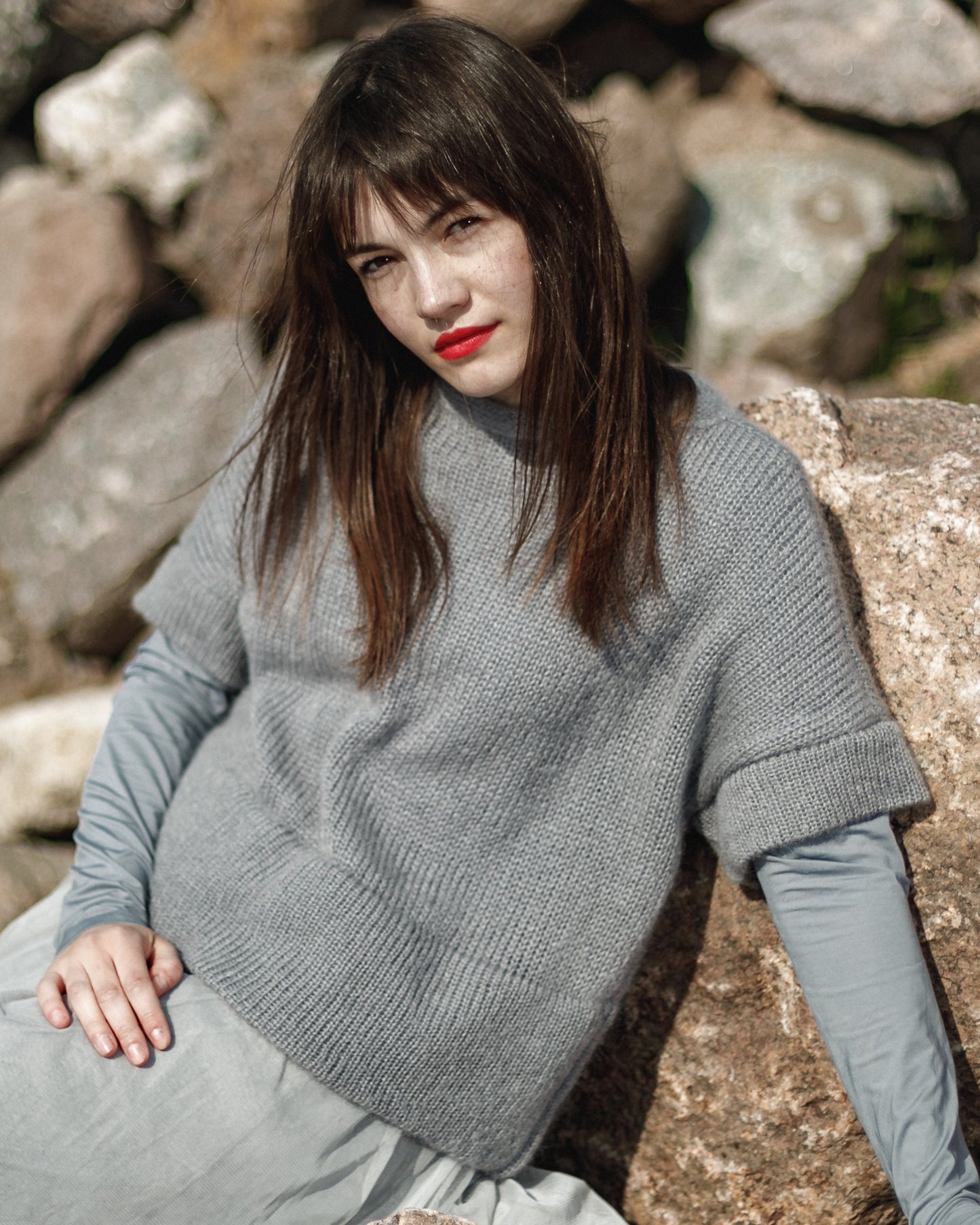 Kid Mohair & Silk Thick Sweater with Short Sleeves and Double-Hem Finish