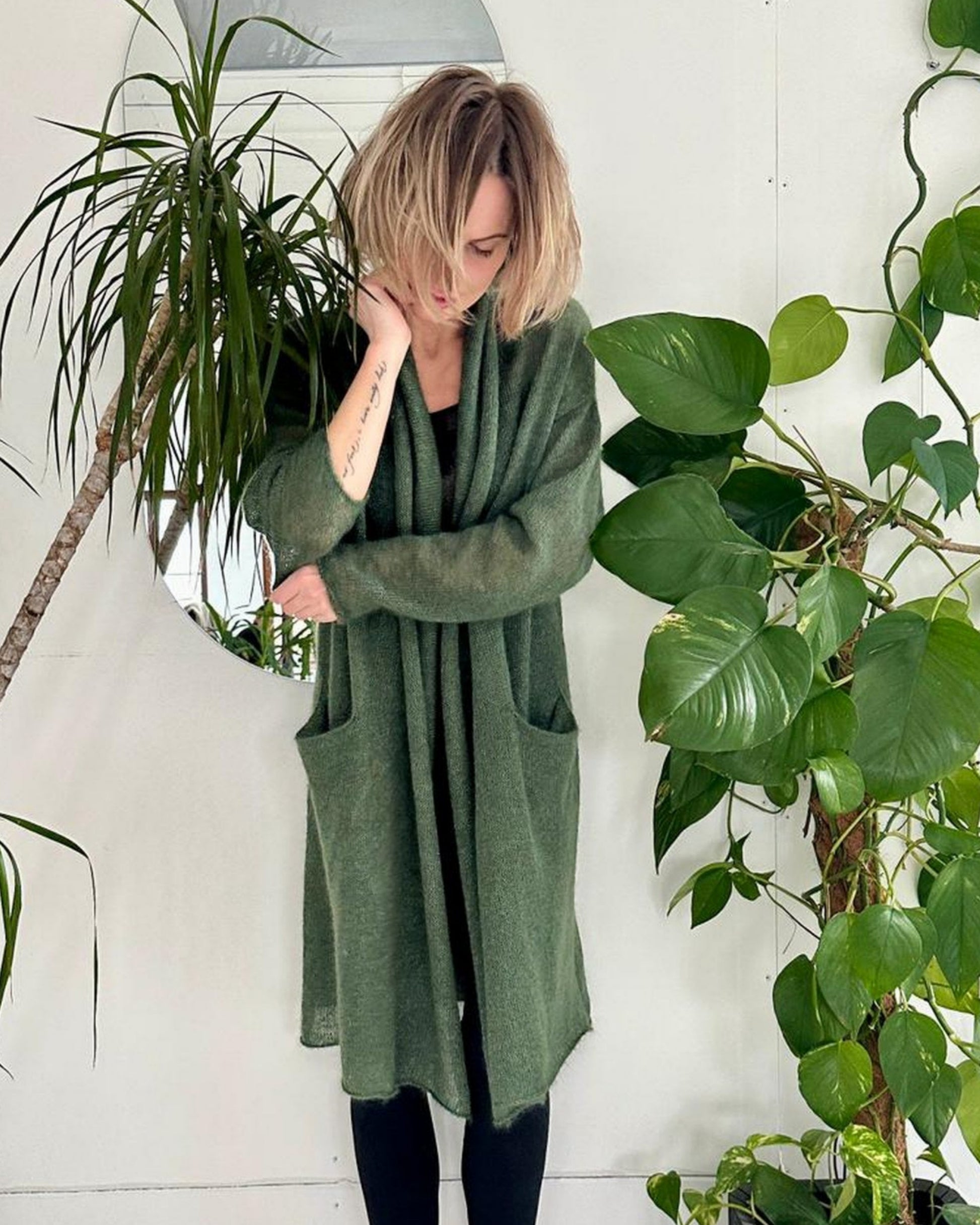 Green breathable kid mohair & silk knitwear with relaxed fit