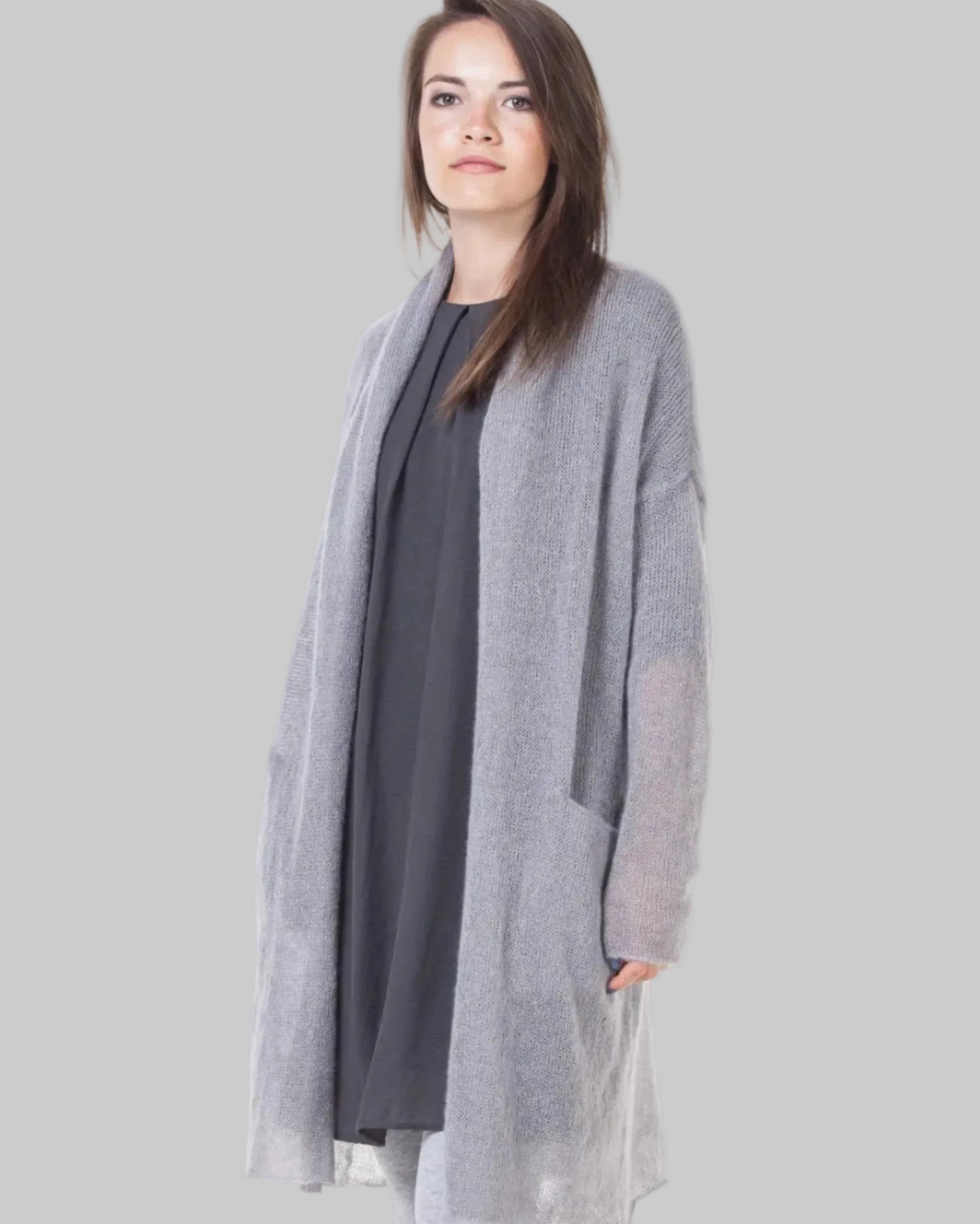 Grey handcrafted long kid mohair & silk cardigan with pockets