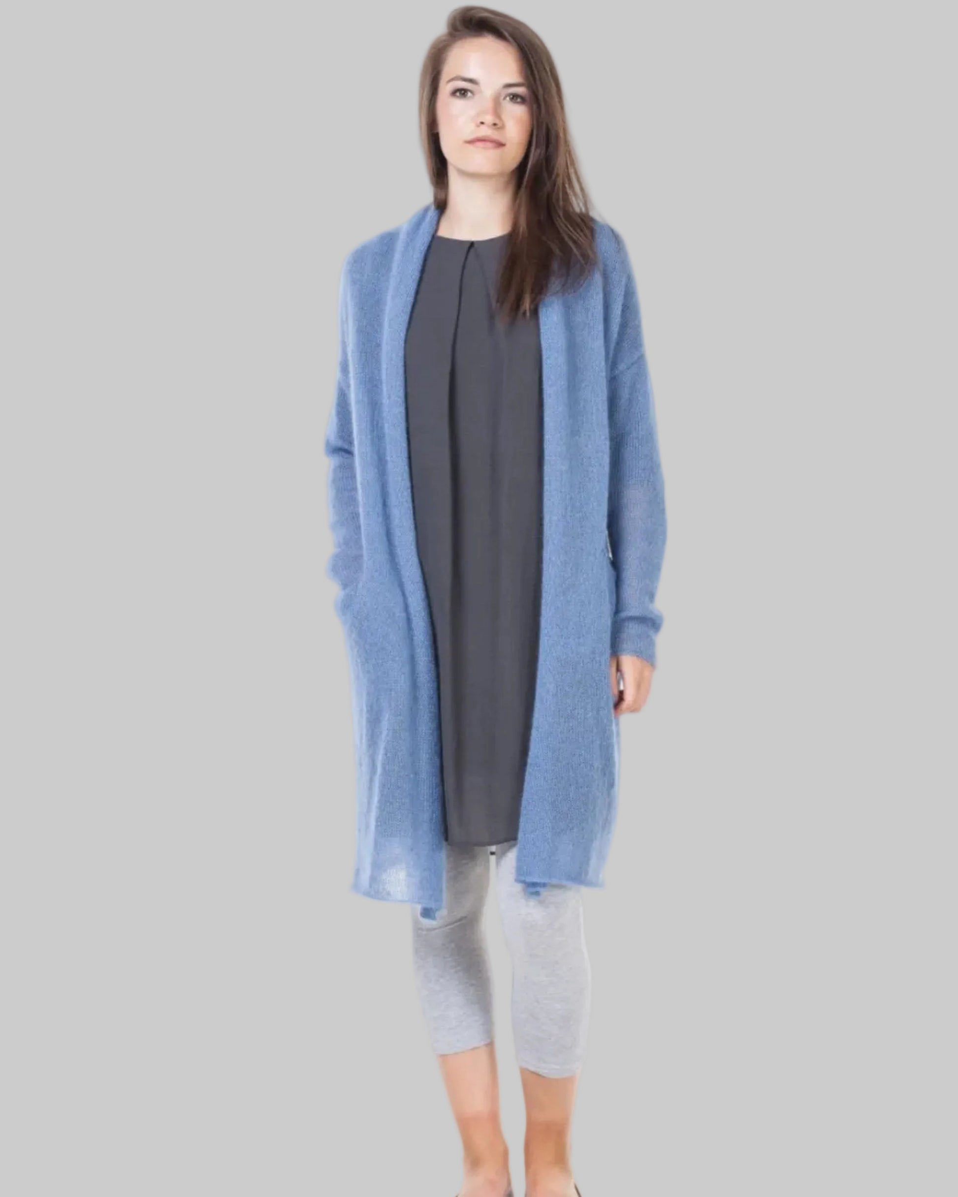 Blue handmade long kid mohair & silk cardigan with pockets