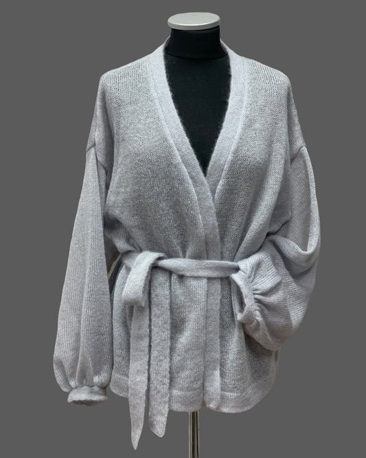 Kid Mohair & Silk Short V-neck Cardigan with Full Sleeves & Belt