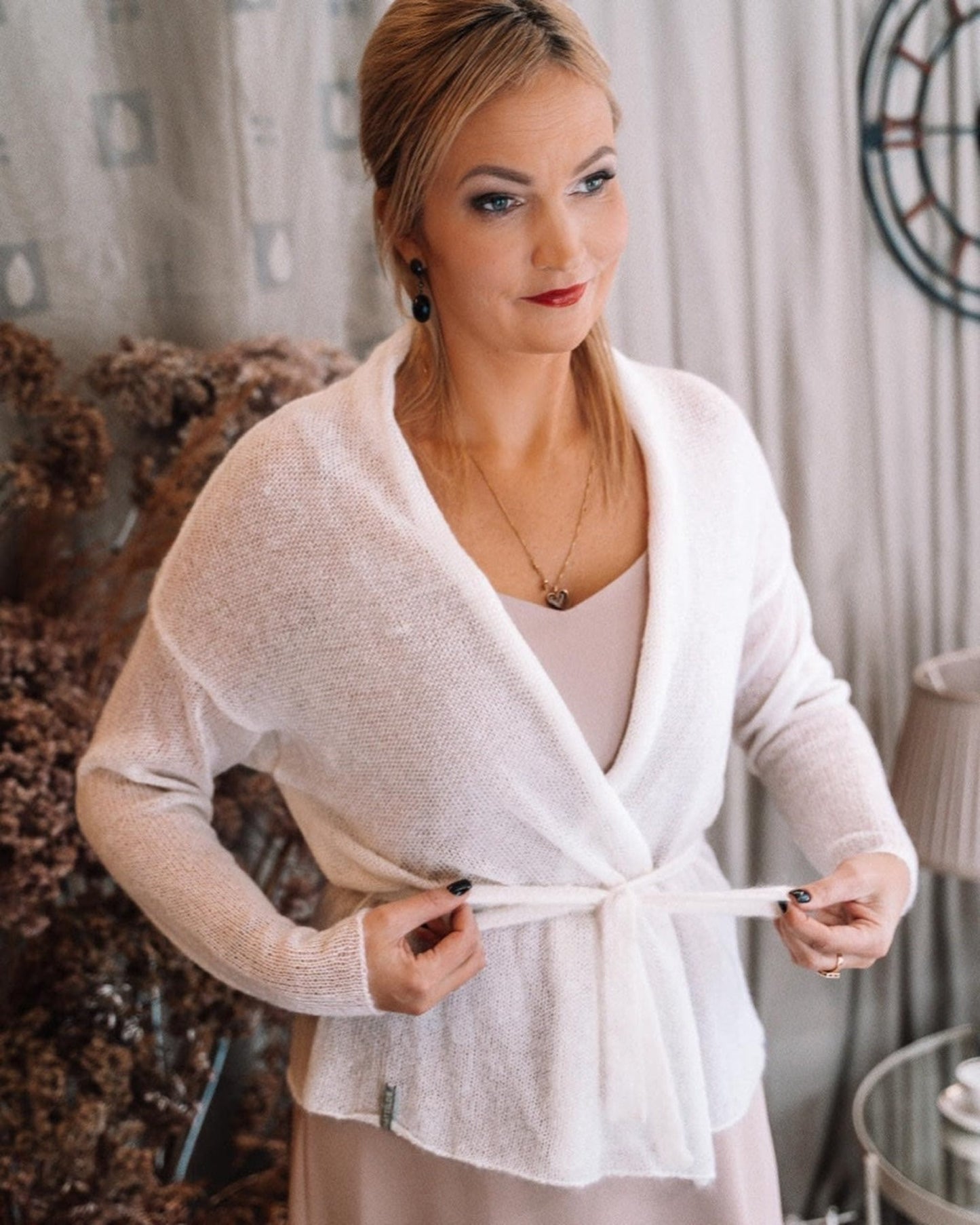 White soft warm kid mohair & silk cardigan with belt